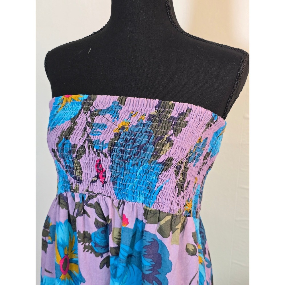 Floral Strapless Maxi Dress Size 2 Purple Blue Cotton vacation resortwear summer - Picture 2 of 7